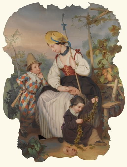 Continental School - Girl With Two Children, The Boy Dressed As A Harlequin