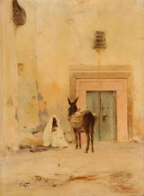 阿拉伯人和一头驴站在房子的墙上