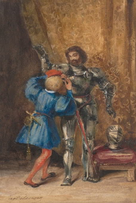戈茨-冯-贝利辛根被他的侍从乔治穿上盔甲的情景