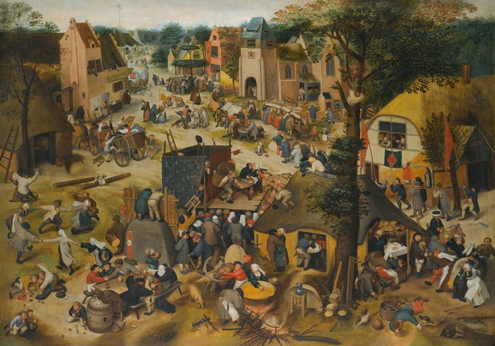Follower of Pieter Brueghel the Elder - A Performance Of The Farce Een Cluyte Van Plaeyerwater  At A Village Kermesse