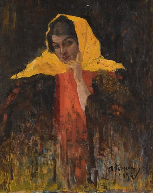 Ilya Abramovich Grinman - Portrait Of A Lady In A Yellow Shawl