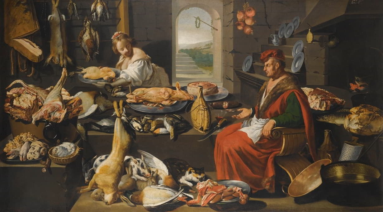 厨房内部有一位厨师和他的助手，周围有肉和烹饪工具，右边有一个壁炉