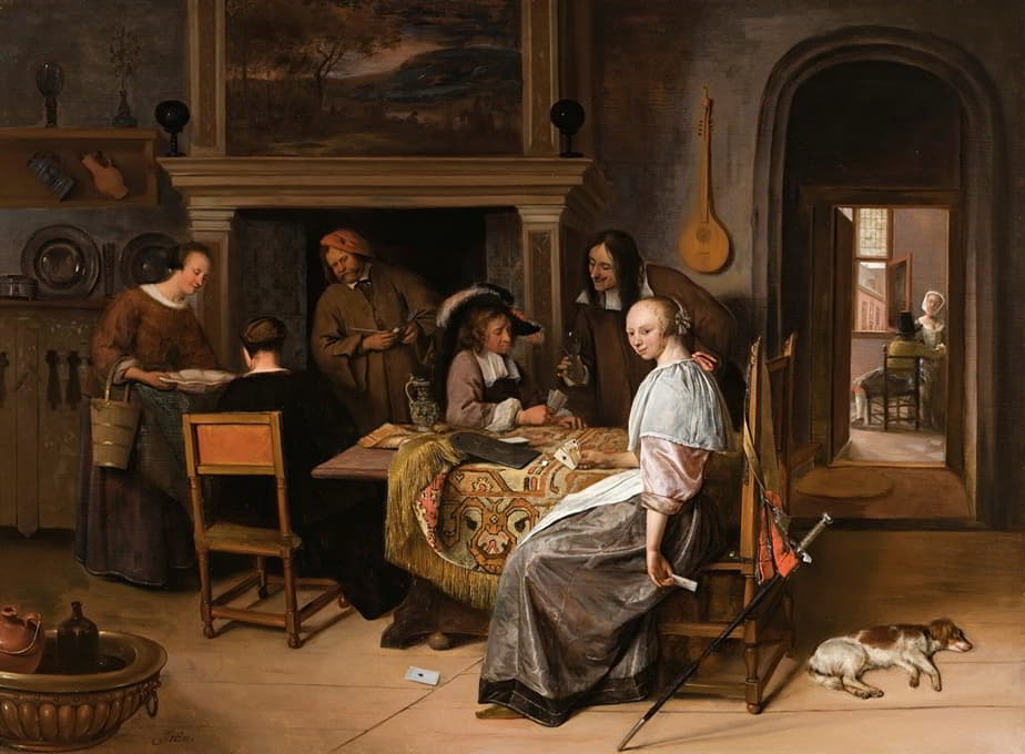 Jan Steen - An Elegant Company In An Interior With Figures Playing Cards At A Table