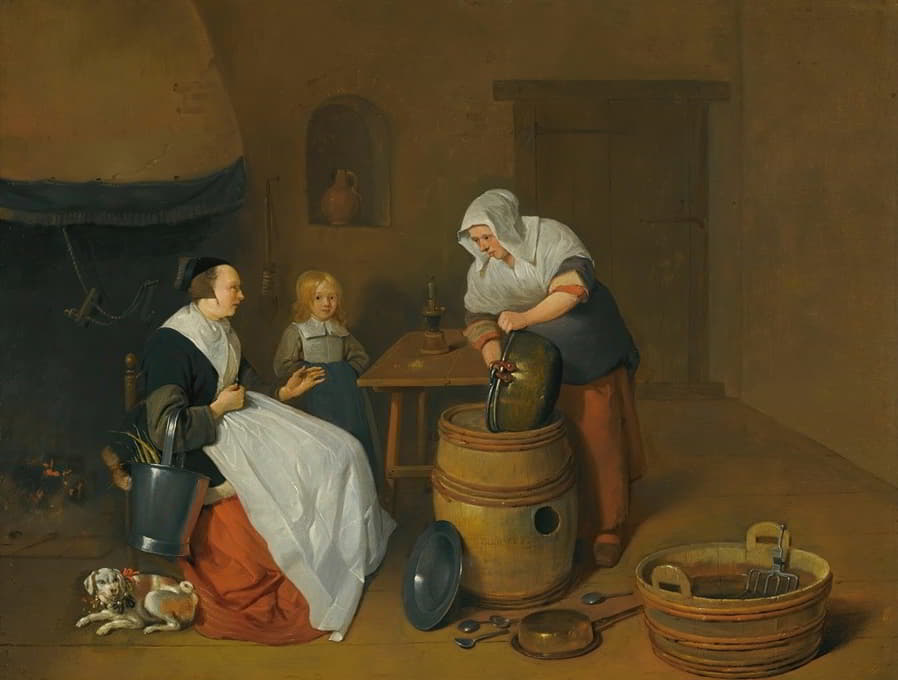Quirijn Van Brekelenkam - A Woman Talking With Her Maid In A Kitchen Interior With A Child, A Dog And A Fire