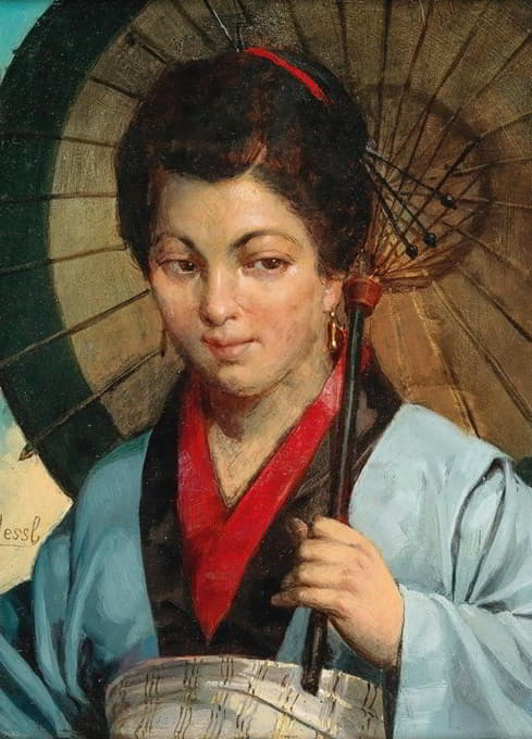 Gustav August Hessl - Japanese woman with parasol