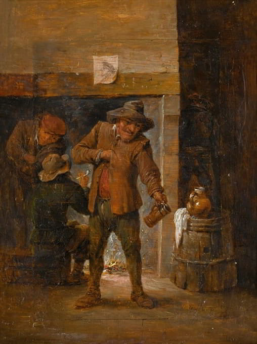 workshop of David Teniers the Younger - Tavern interior with men at a hearth