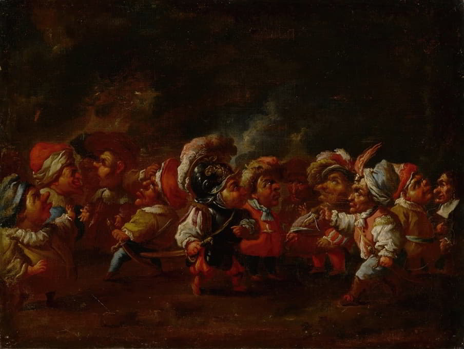 Faustino Bocchi - A group of costumed dwarfs in conversation and preparing for a battle