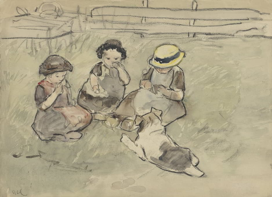 三个女孩牵着一条狗坐在草地上