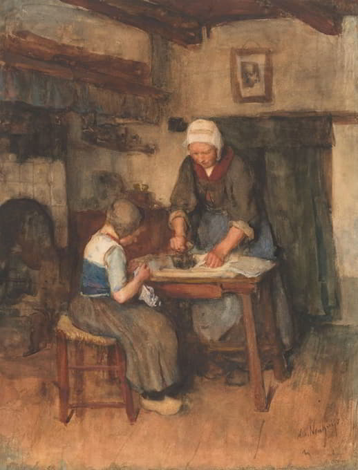 Albert Neuhuys - Interieur met strijkende vrouw en naaiend kind