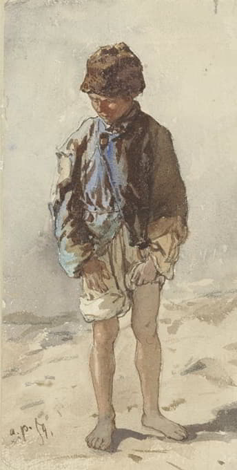 匈牙利男孩，站着，脸朝下，赤脚，头戴皮帽