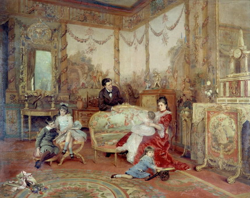 维多利亚时代的萨杜（1831-1908），他的妻子和孩子们在马利国王家的大客厅里的肖像