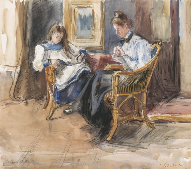 在海牙Riouwstraat 6号的房子里，坐在稻草椅上的手工制作的女士和阅读女孩