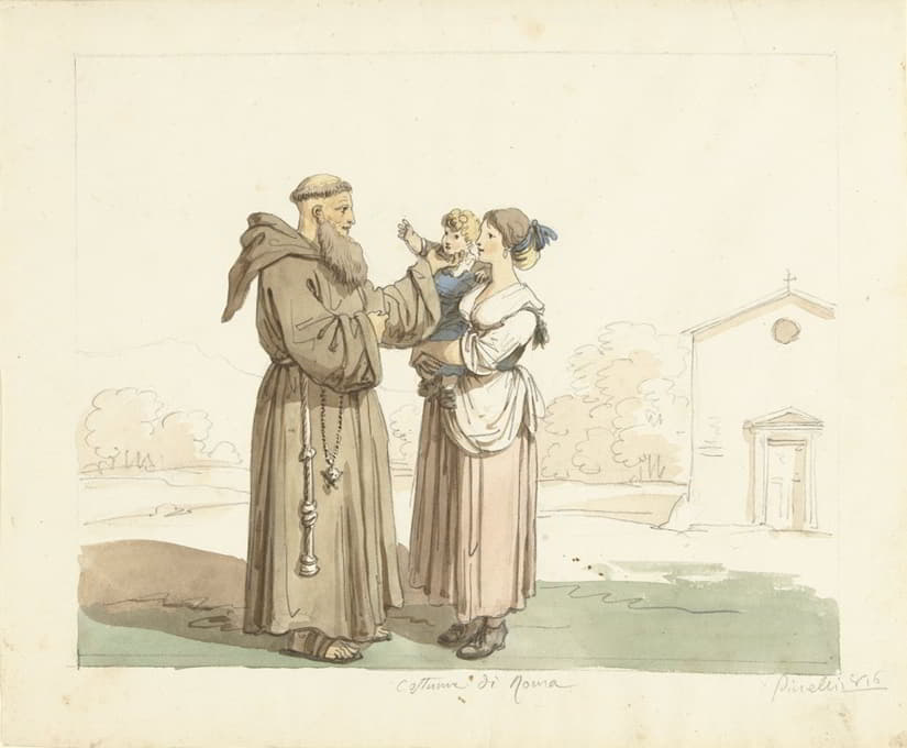 带着孩子的年轻女子站在僧侣面前