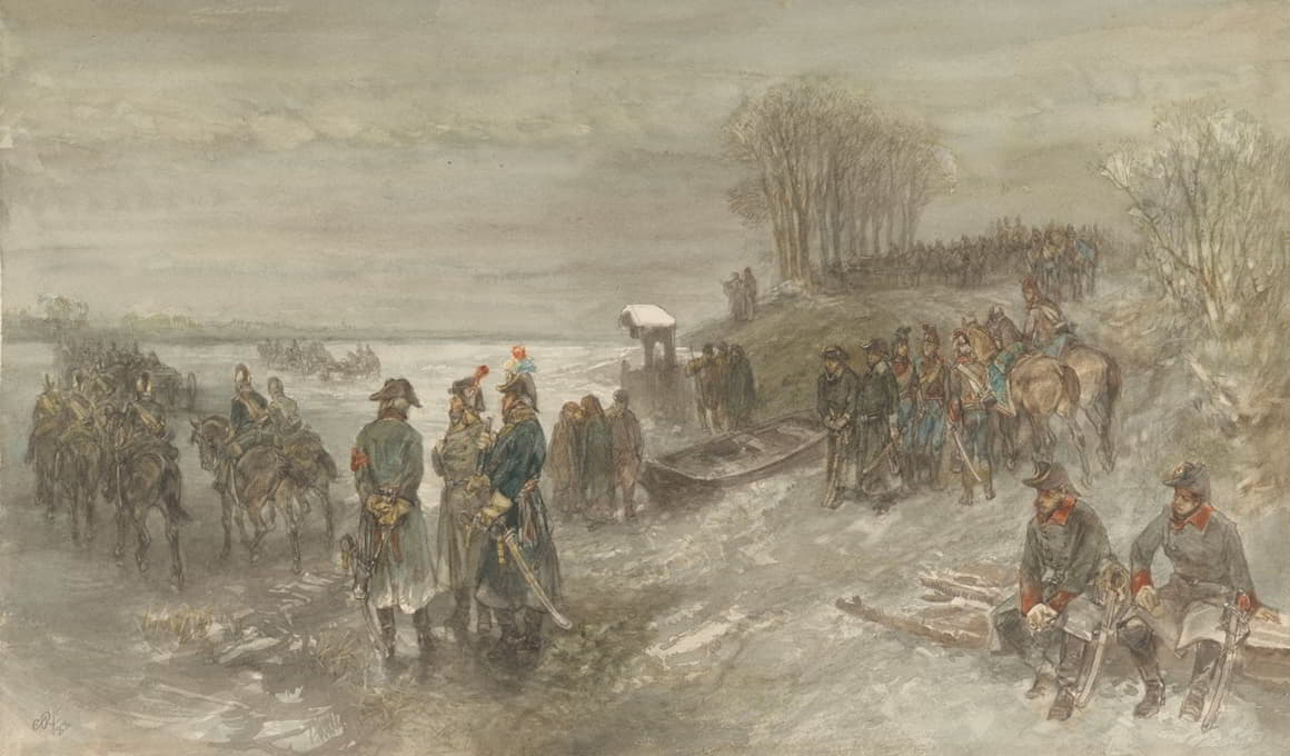 法国军队越过一条冰冻的河流