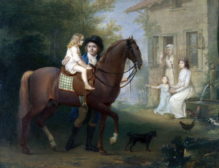 画家和他的家人在乡间别墅前