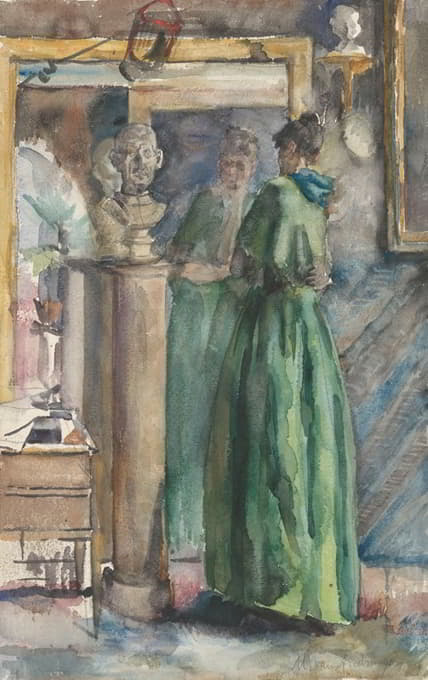 穿着绿色衣服的女士站在镜子前