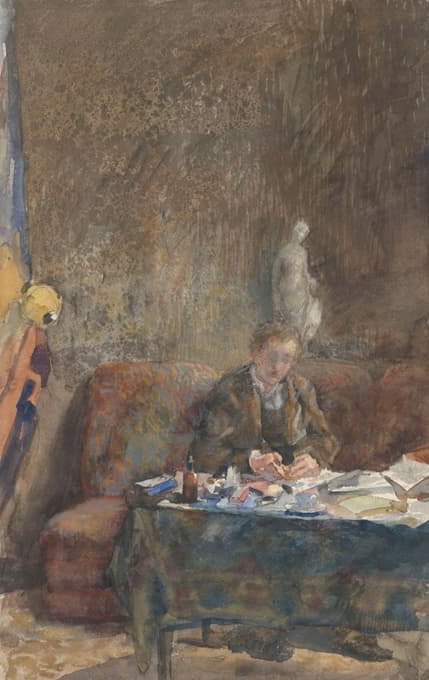 Martinus van Andringa - Interieur met schrijvende man op sofa achter tafel