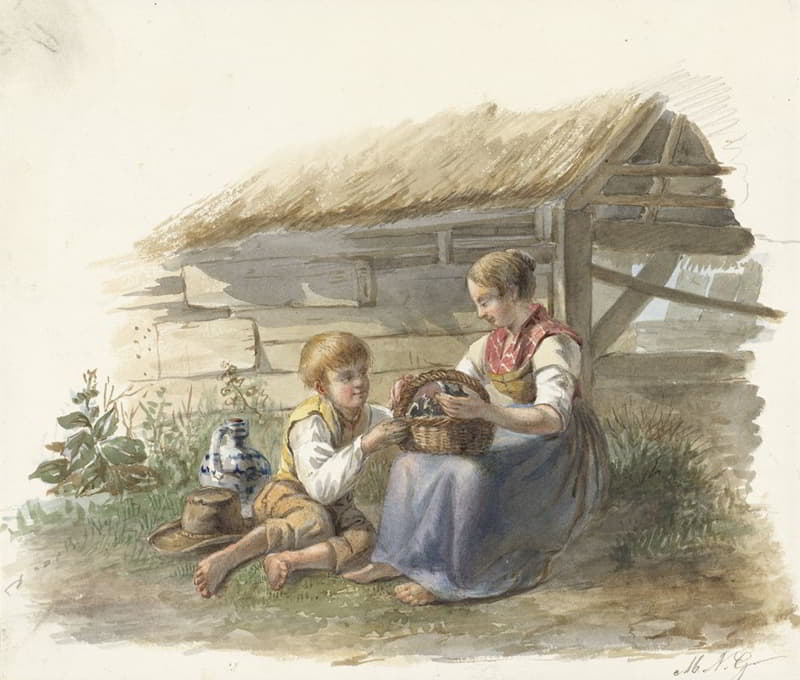 女孩和男孩抱着一篮小鸟