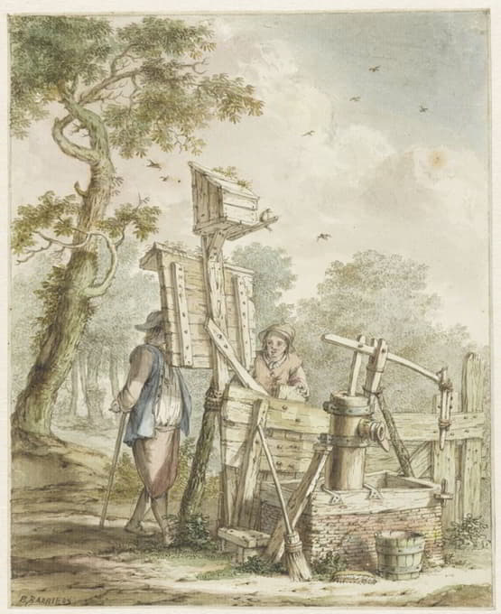 Bartholomeus Barbiers - Landschap met twee mannen bij een aanplakbord bij een waterpomp, Bartholomeus Barbiers, after c. 1750 – 1808