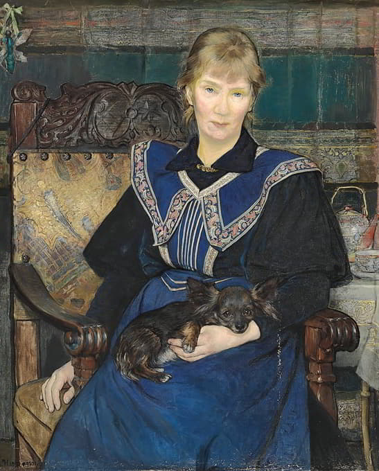 Bertha Wegmann - Kvinde i blå kjole med en lille hund i skødet