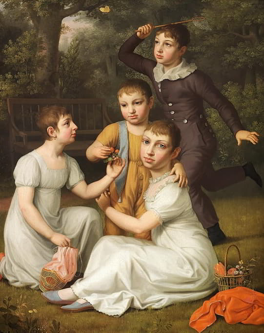 C.W. Eckersberg - Portræt af Kammerherre, Plantageejer og Vice-Gouvernør i Vestindien Søbøtkers fire Børn, malede i Hummeltofte Have