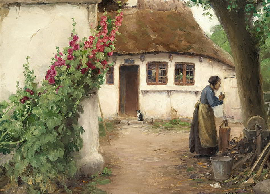Hans Andersen Brendekilde - En kone ved et bondehus med røde stokroser
