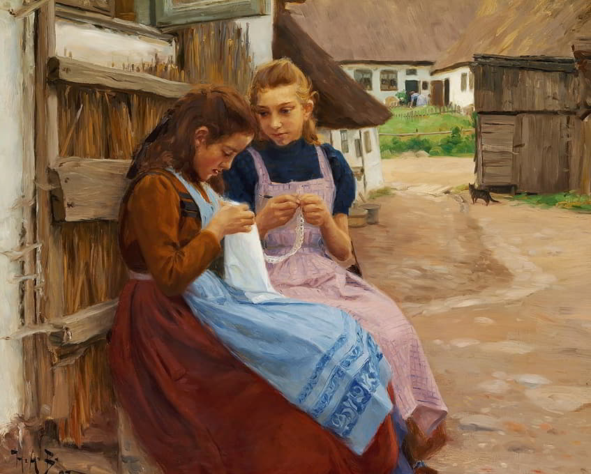 坐在院子里的两个体力劳动的女孩