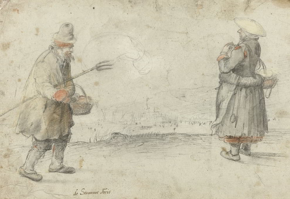 Hendrick Avercamp - Studies of a Man and a Woman Standing on the Bank of a Frozen River, with a Town in the Distance