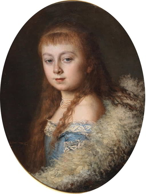一个穿着蓝色连衣裙和珍珠项链的女孩的肖像