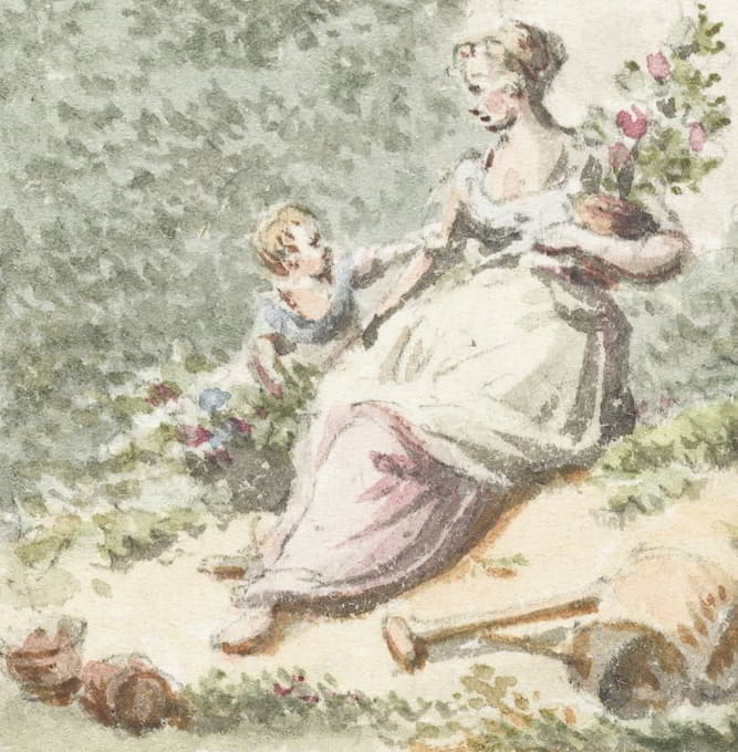 带着孩子的母亲在花园里