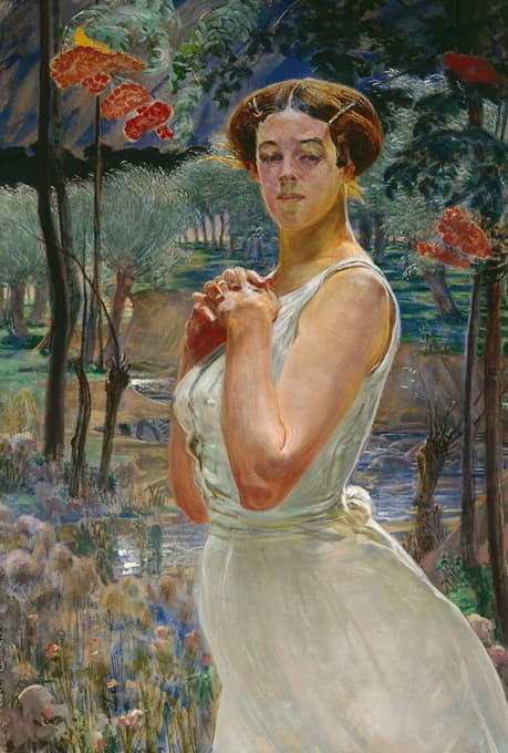 一个女人的肖像画映衬着一片罗文贝里树林