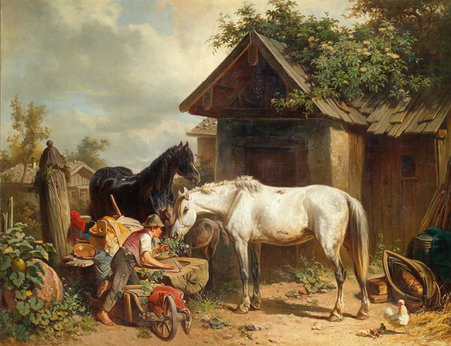 Adolf van der Venne - Pferde am Bauernhof