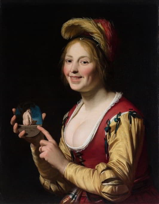 Gerard van Honthorst - Smiling Girl, a Courtesan, Holding an Obscene Image