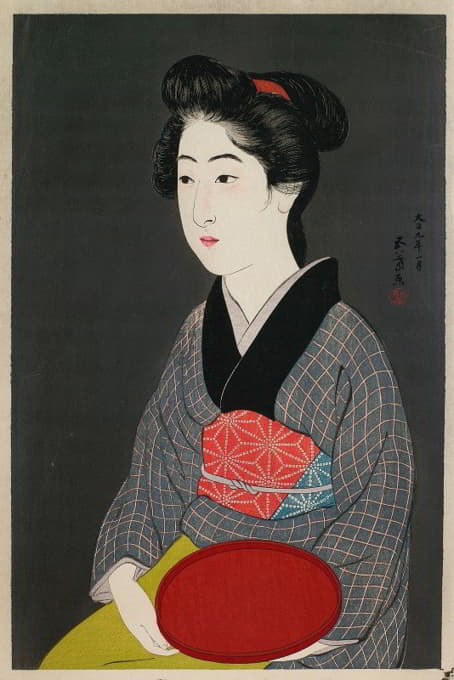 Hashiguchi Goyō - Waitress Holding a Tray (Portrait of Onao, a Maid at the Matsuyoshi Inn, Kyoto)