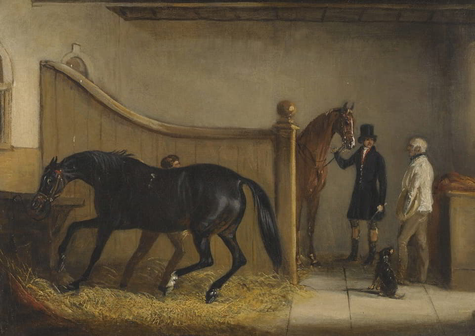 John Ferneley Jnr - A Dark Bay And A Chestnut Hunter with A Huntsman And other Figures In A Stable