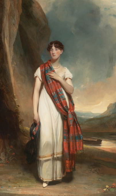 John Watson Gordon - Portrait Of A Lady Wearing Plaid In A Landscape
