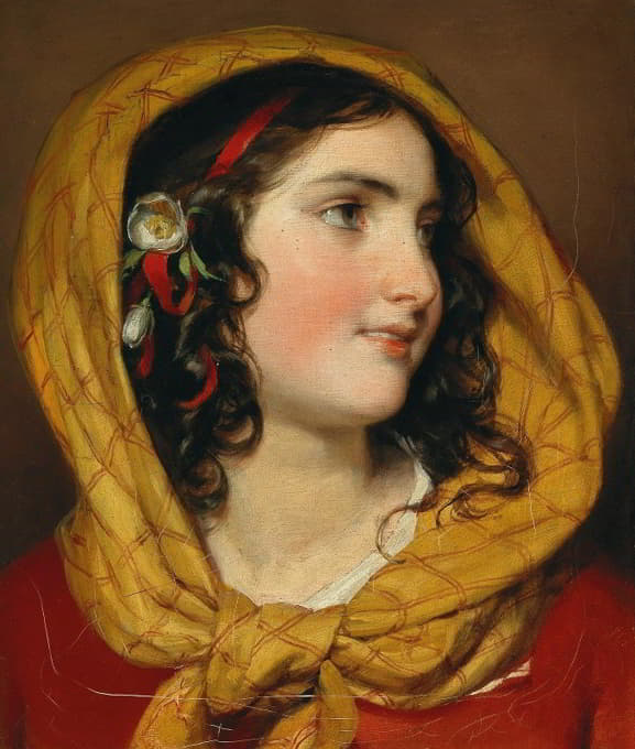 一个戴着红色发带和黄色头巾的女孩的肖像