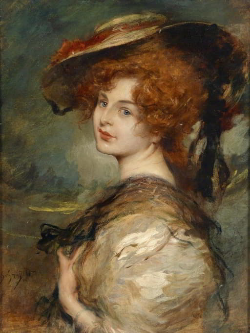 一位红发戴帽子的女士的形象