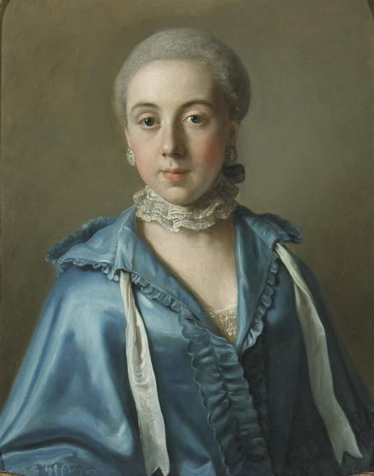 Jean-Etienne Liotard - Un Portrait D’une Dame Avec Une Robe Bleue Et Col De Dentelle