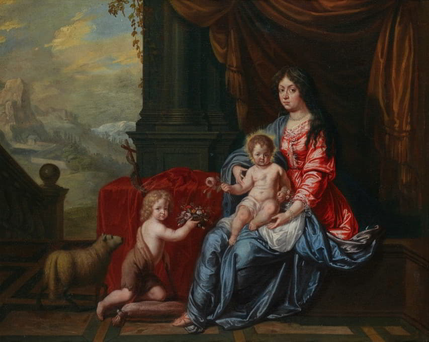 画中是一位扮成圣母玛利亚的女士带着一个孩子，旁边是婴儿圣约翰浸礼会教徒