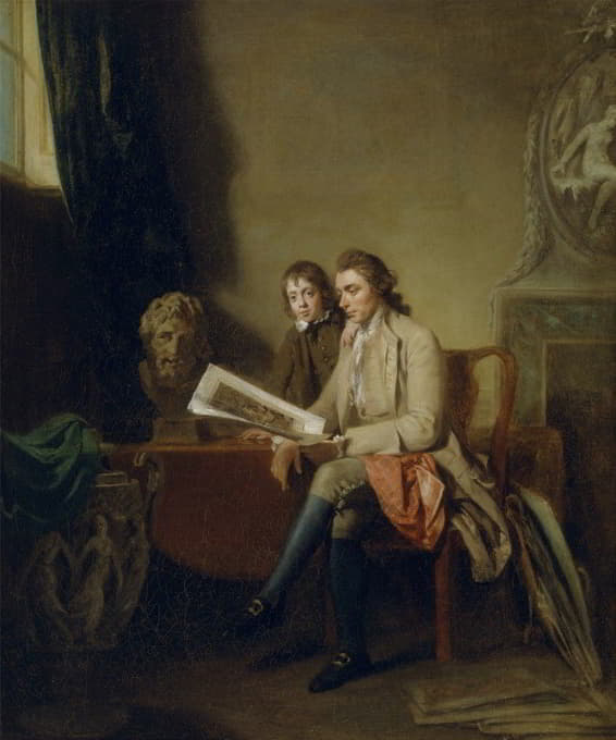一个男人和一个男孩看照片的肖像