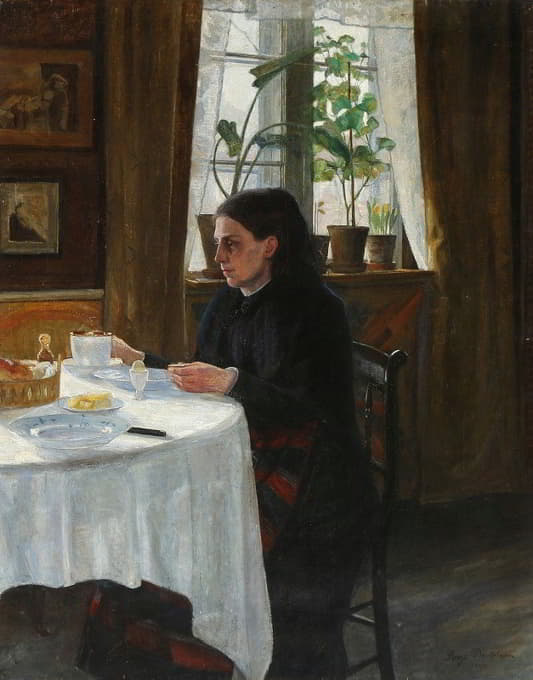 Aage Bertelsen - Kunstnerens mor, Agnes, siddende ved morgenmaden