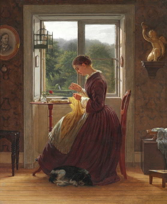 里面有一个女人在窗前缝衣服，一边读一封信