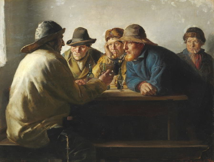 渔民们围着一张桌子喝着四道菜的啤酒