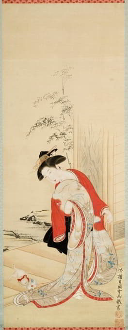 Tsukioka Masanobu Settei - Beautiful woman playing with cat