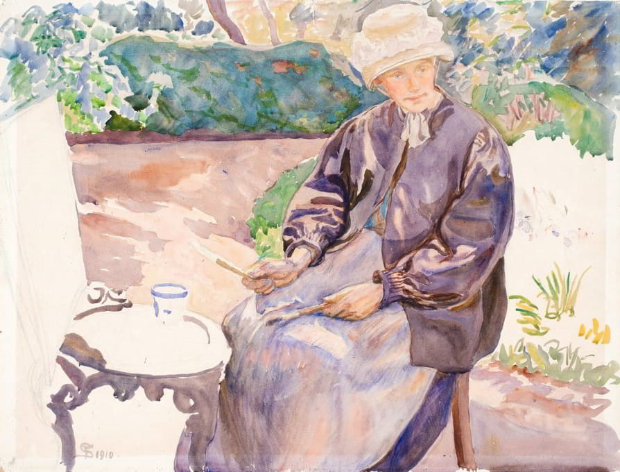 艺术家的妻子，画家安娜·西伯格，在铁匠的花园里