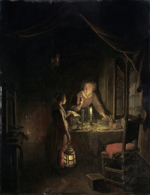 Gerrit Dou - Woman Tidying the Supper Table