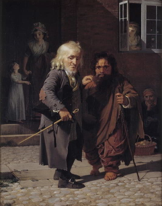 两个矮人；一个犹太辫子缎带小贩，在哥本哈根一条街道上的罗马矮人Bajocco旁边