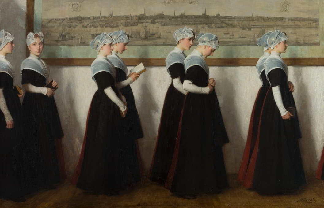 Nicolaas van der Waay - Amsterdamse weesmeisjes in een gang voor een stadsprofiel van Amsterdam