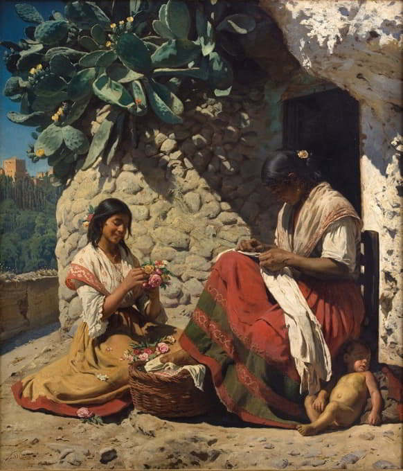 两名吉卜赛妇女在他们的小屋外。西班牙